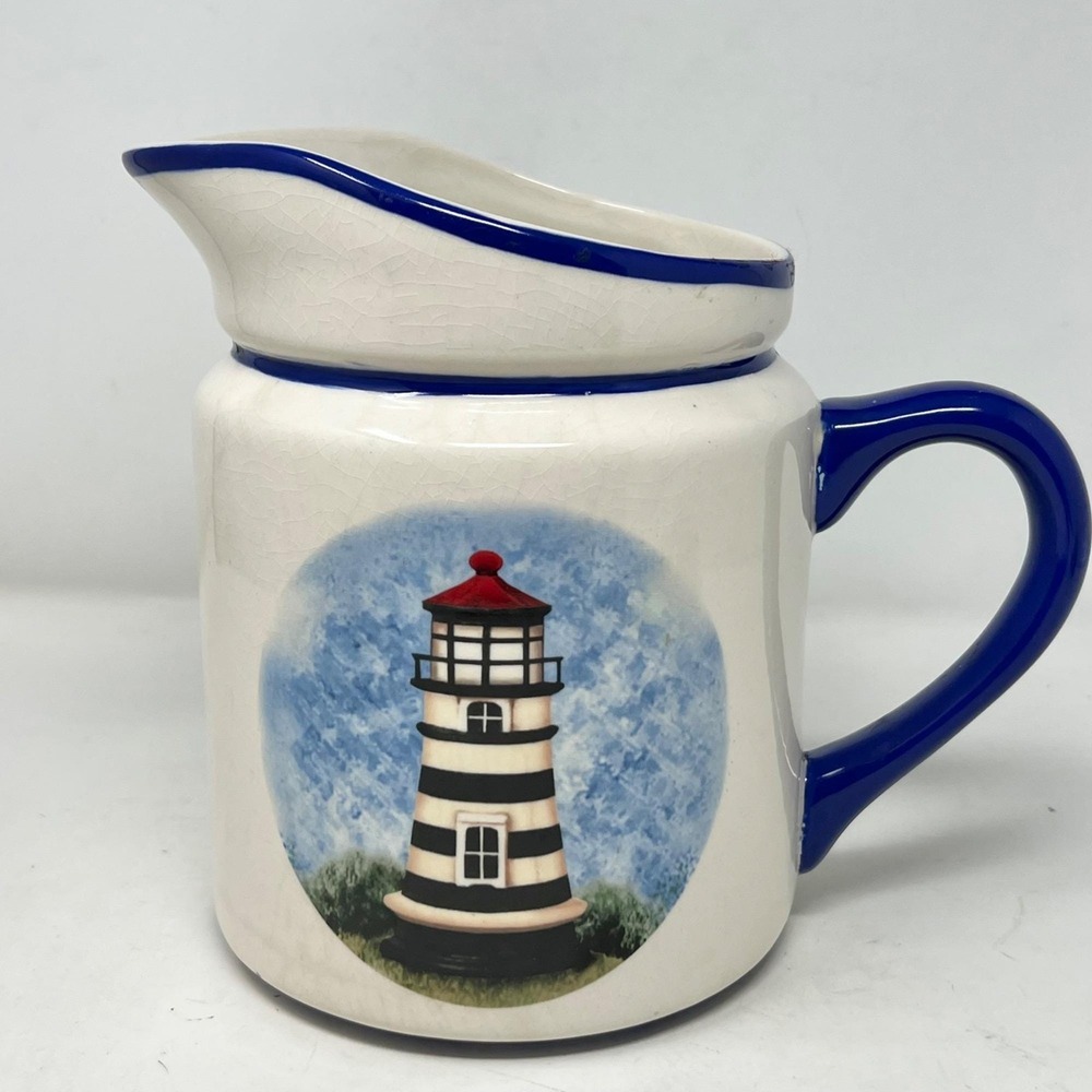 Vigor VTG Pitcher Lighthouse Blue & White Nautical‎ Coastal  Beach 7.5" Tall